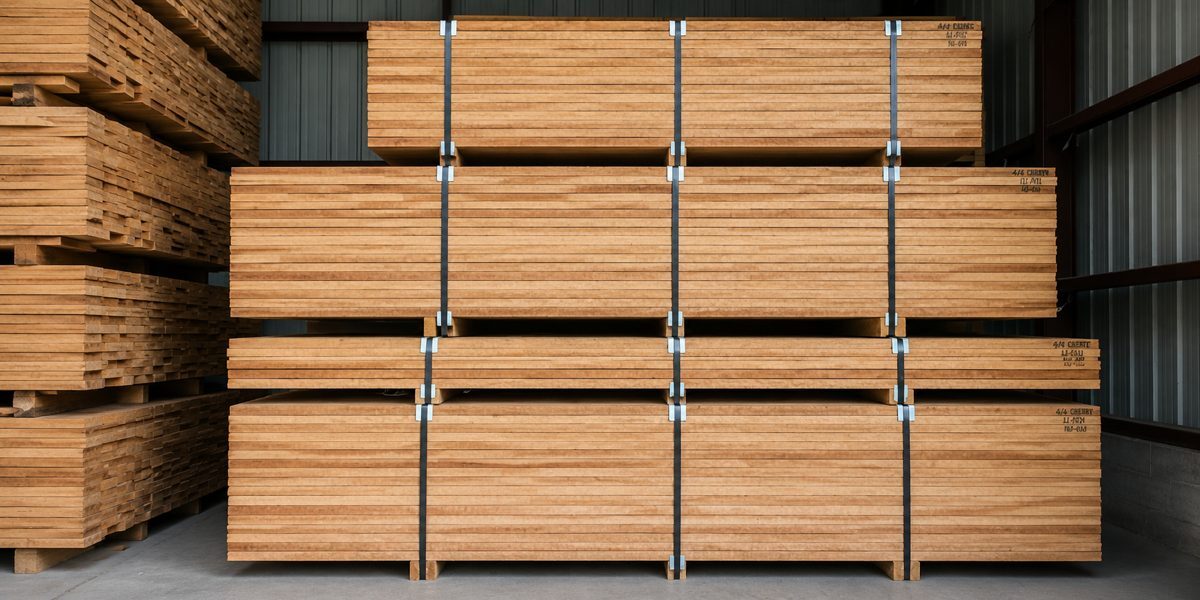Kiln-dried hardwood lumber packs stored in a warehouse, available in a range of species, grades, and dimensions for manufacturing and industrial applications. Kiln-dried hardwood lumber packs stored in a warehouse, available in a range of species, grades, and dimensions for manufacturing and industrial applications.