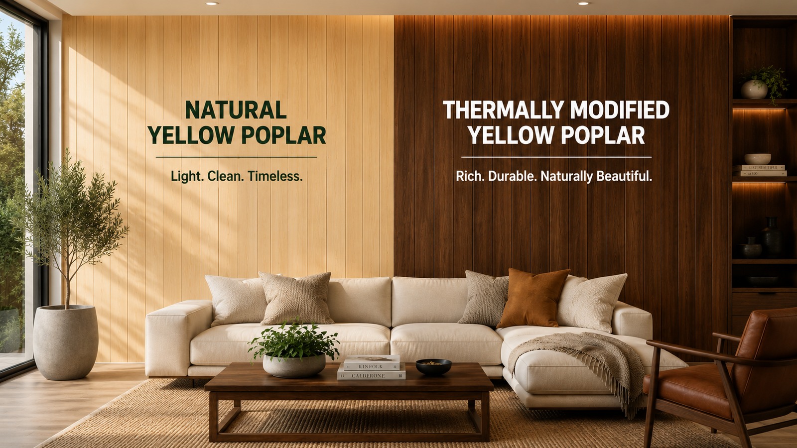 Yellow Poplar Natural vs Thermally Modified Wall Panelling